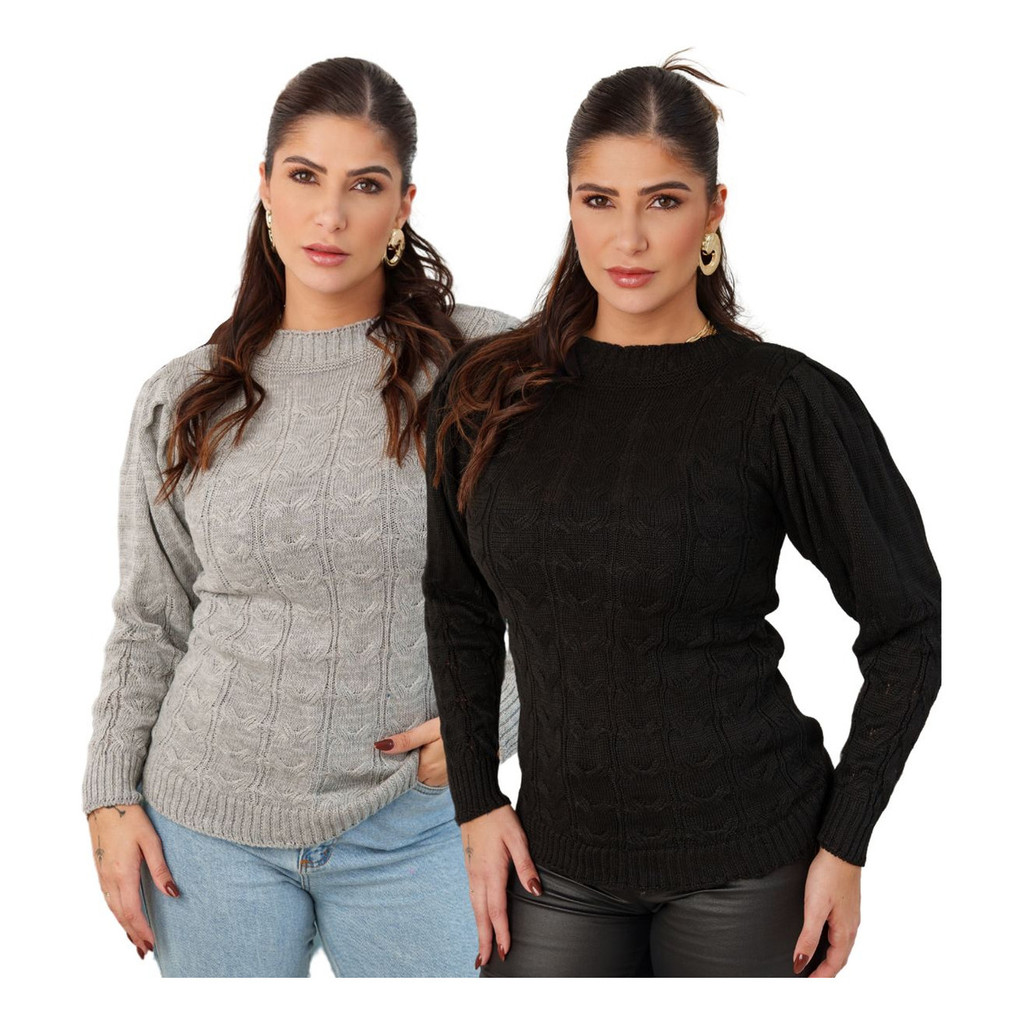 Kit 2 Blusa Feminina Trico Frio Inverno Manga Longa Bufante
