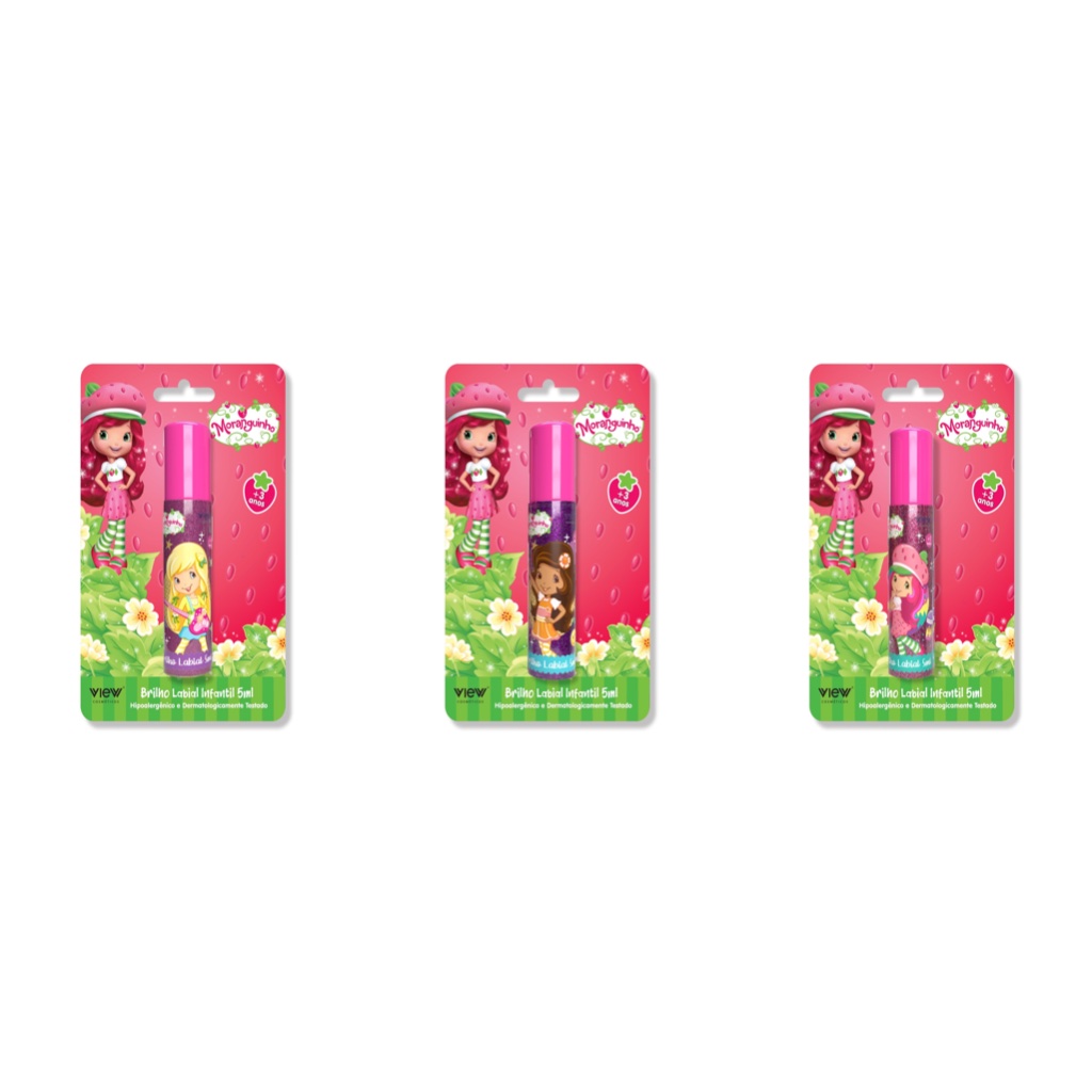Kit 3 Brilhos Labiais Infantis Moranguinho 5ml |3 cores | Hipoalergênico |Dermatologicamente Testado