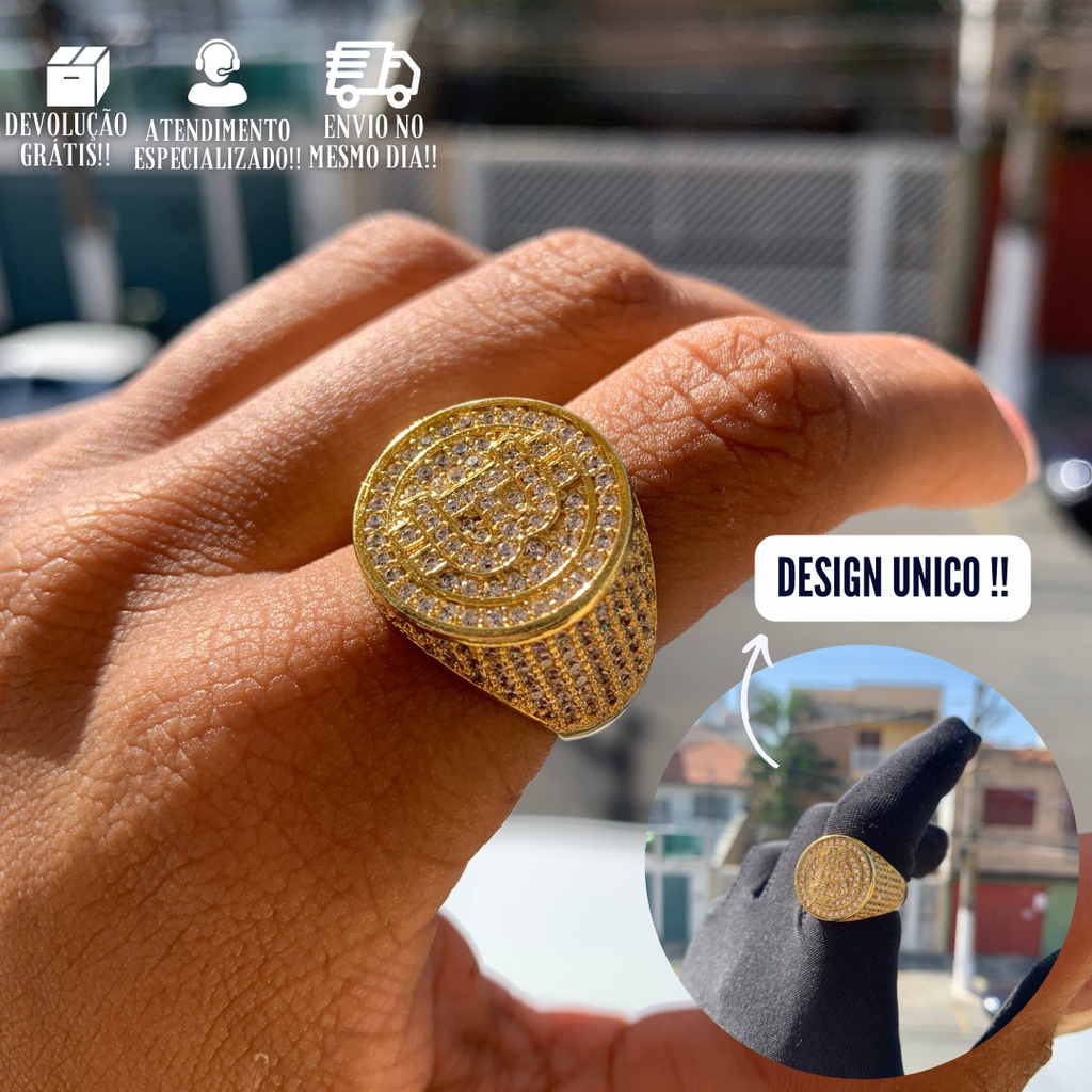 Anel Dedeira Masculina De Ouro Brilhante Bitcoin Cravejado Banhado a Ouro 24k