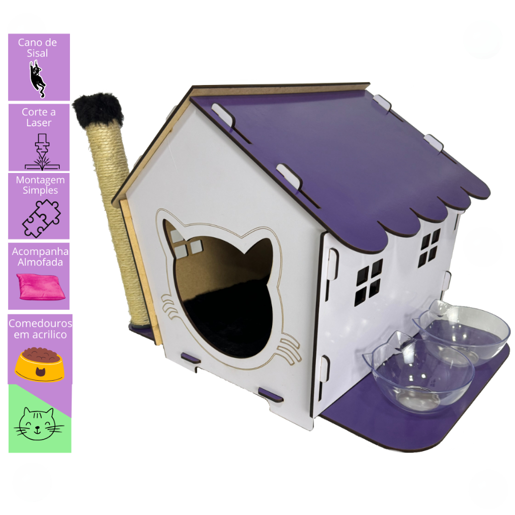 Casinha Pet Cama Arranhador para gatos com comedouro MDF