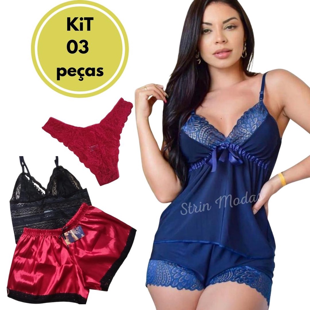 Kit 03 peças: 01 Baby Doll Liso JR, 01 Baby Doll Cetim com Cropped Rendado,  01 Calcinha de Renda JR