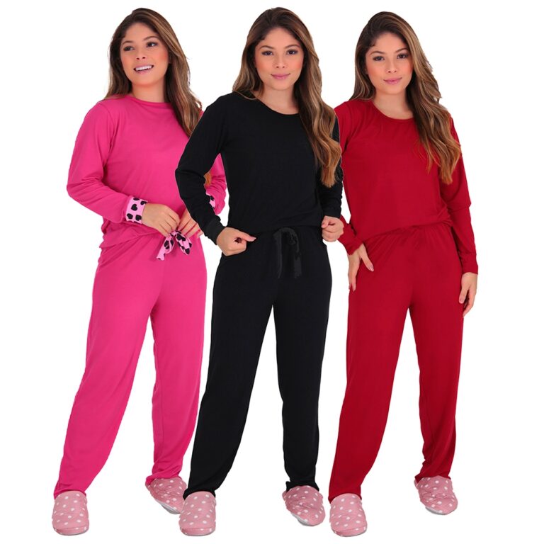 Kit 3 Pijamas Feminino Manga Longa Outono Inverno