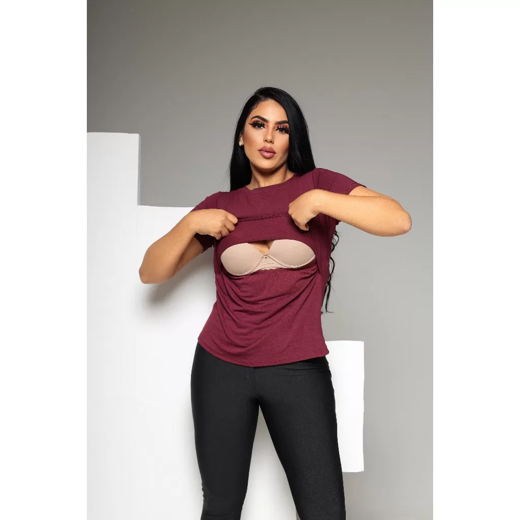 Blusa de Amamentação Feminina Viscolycra Gola Redonda  Básica Confortável