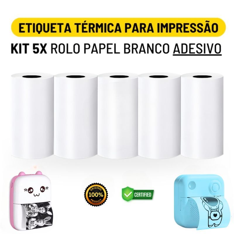 Kit 5 Rolos de Bobina de Etiqueta Térmica Adesiva 57x30mm Branca à Prova dÁgua para Mini Impressora
