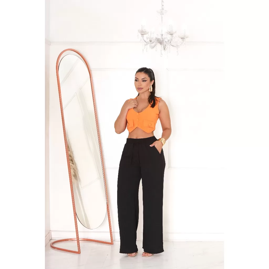 CALÇA  FEMININA PANTALONA WIDE LEG CINTURA ALTA COM BOLSO E ELASTICO NO COS