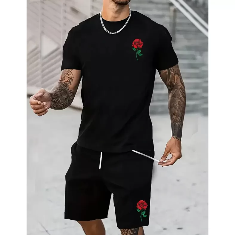 Conjunto KIT Camiseta Oversized Larga+ Bermuda Moletom Flor Rosa Vermelha Romantico Masculino Estilo