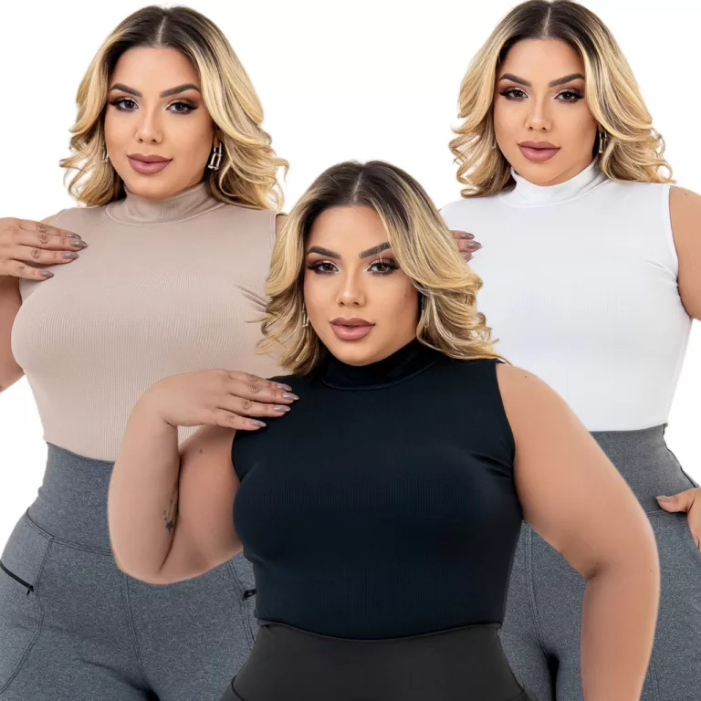 Kit 3 Regata Feminina Plus Size Gola Alta Até G3 