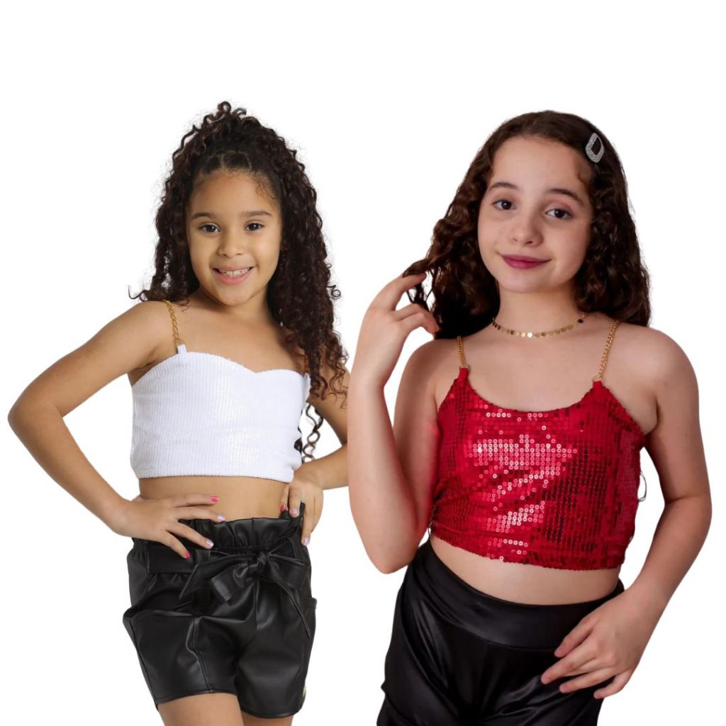 Conjunto Infantil Top De Brilho + Saia Cinto Looks Modernos e Sofisticados para Diversas Ocasiões