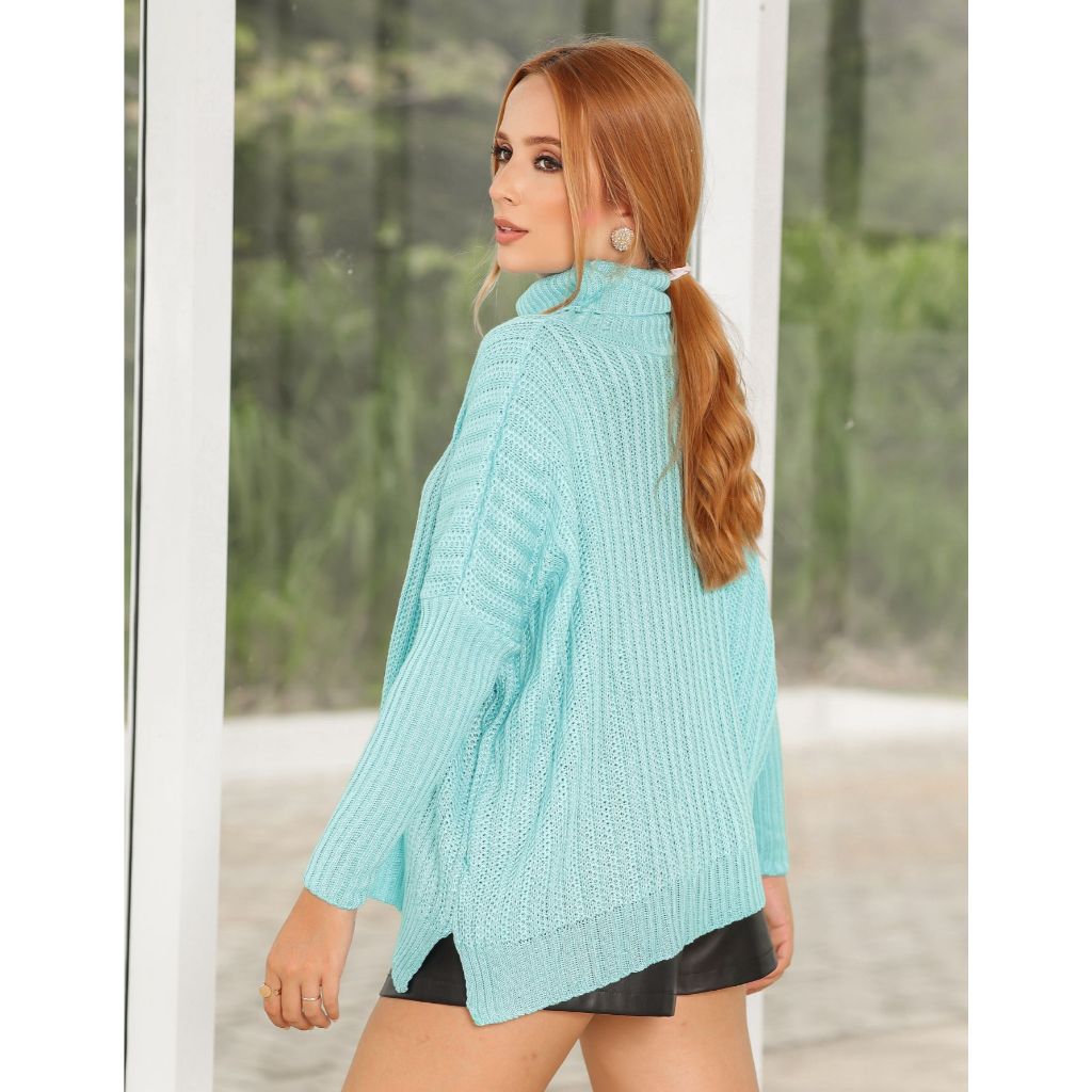 Poncho Feminino Tricot Gola Alta Blusa Ampla Inverno