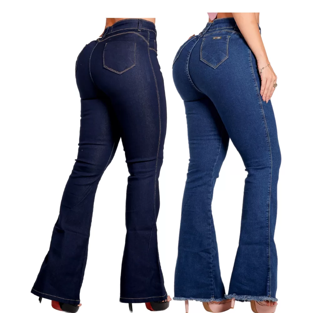 Kit de 02 Calças Flare Escura Lycra Modelagem Levanta Bumbum Boca de Sino