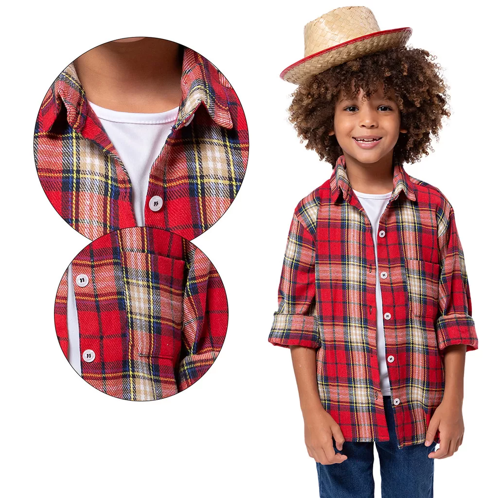 Camisa de Flanela Xadrez Infantil para Festa Junina Vermelho