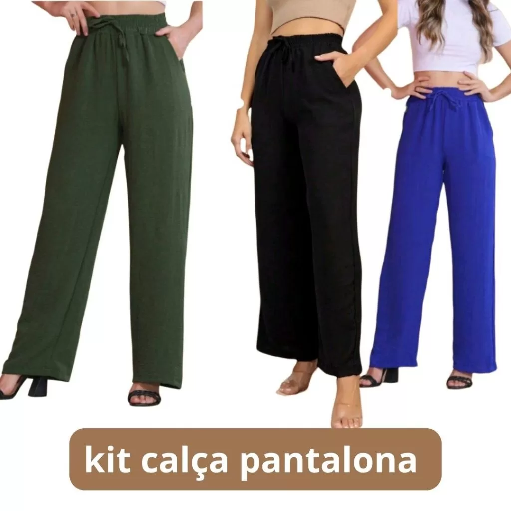 Kit 2 Calças Pantalona Feminina Cós Alto com Bolso  Tecido Duna Premium Super Confortável