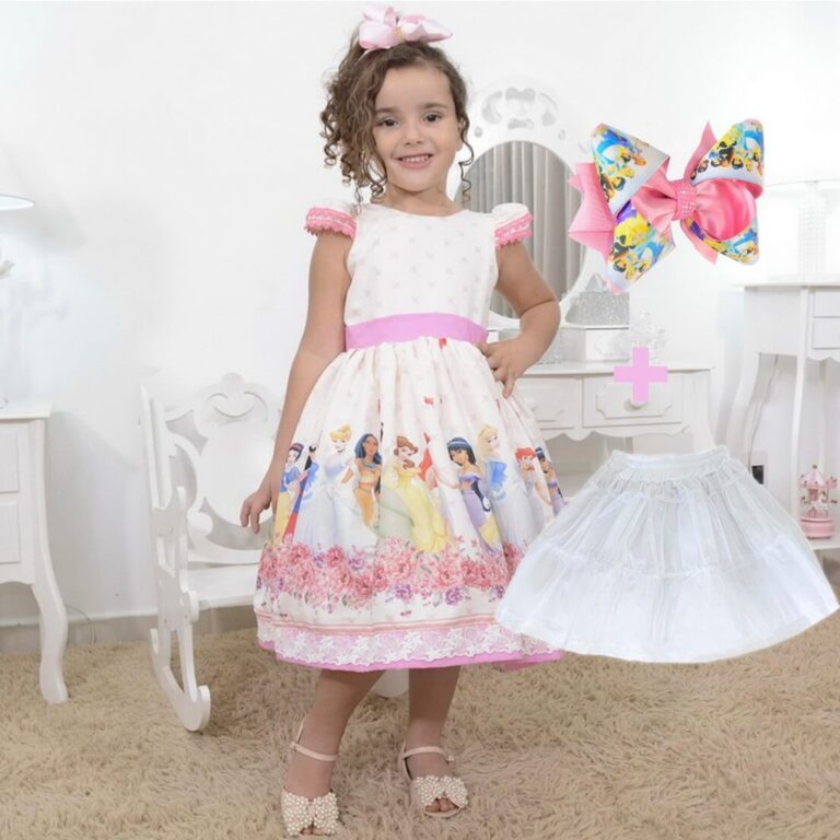 Kit Vestido tema as princesas + laço cabelo + sai