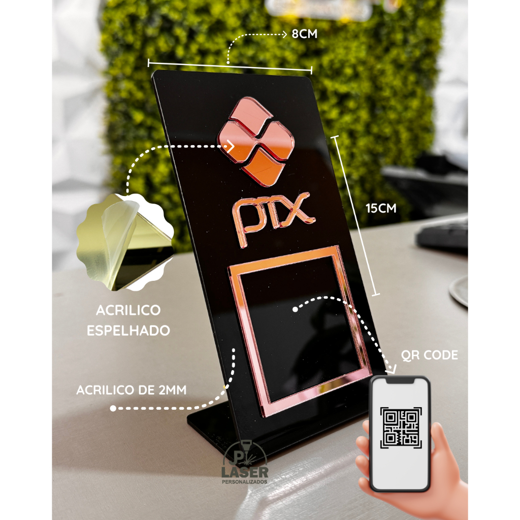 Placa Pix Pagamento QrCode De Mesa Balcão c/ base – Acrílico
