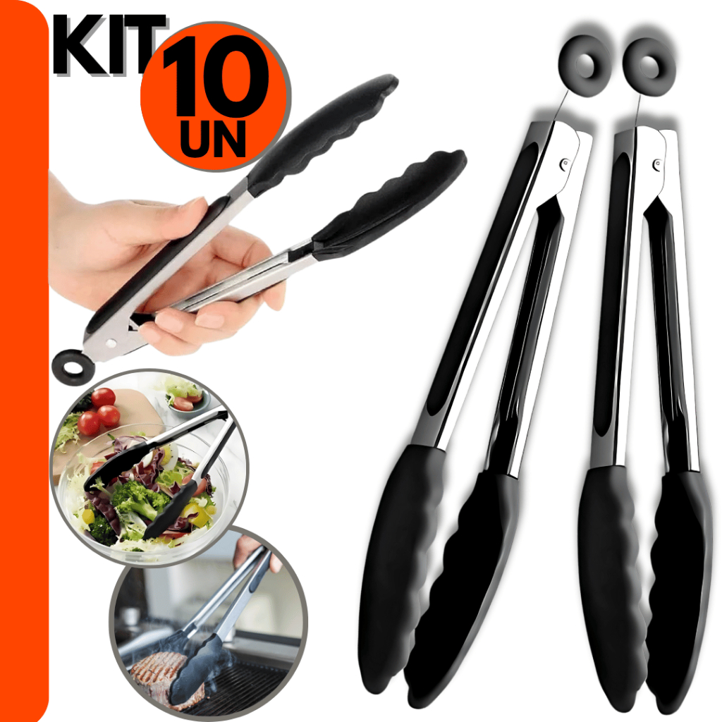 10 Kit  Un Pegador De Silicone e Inox Para Carne, Churrasco e Salada. Cozinha e Restaurante.