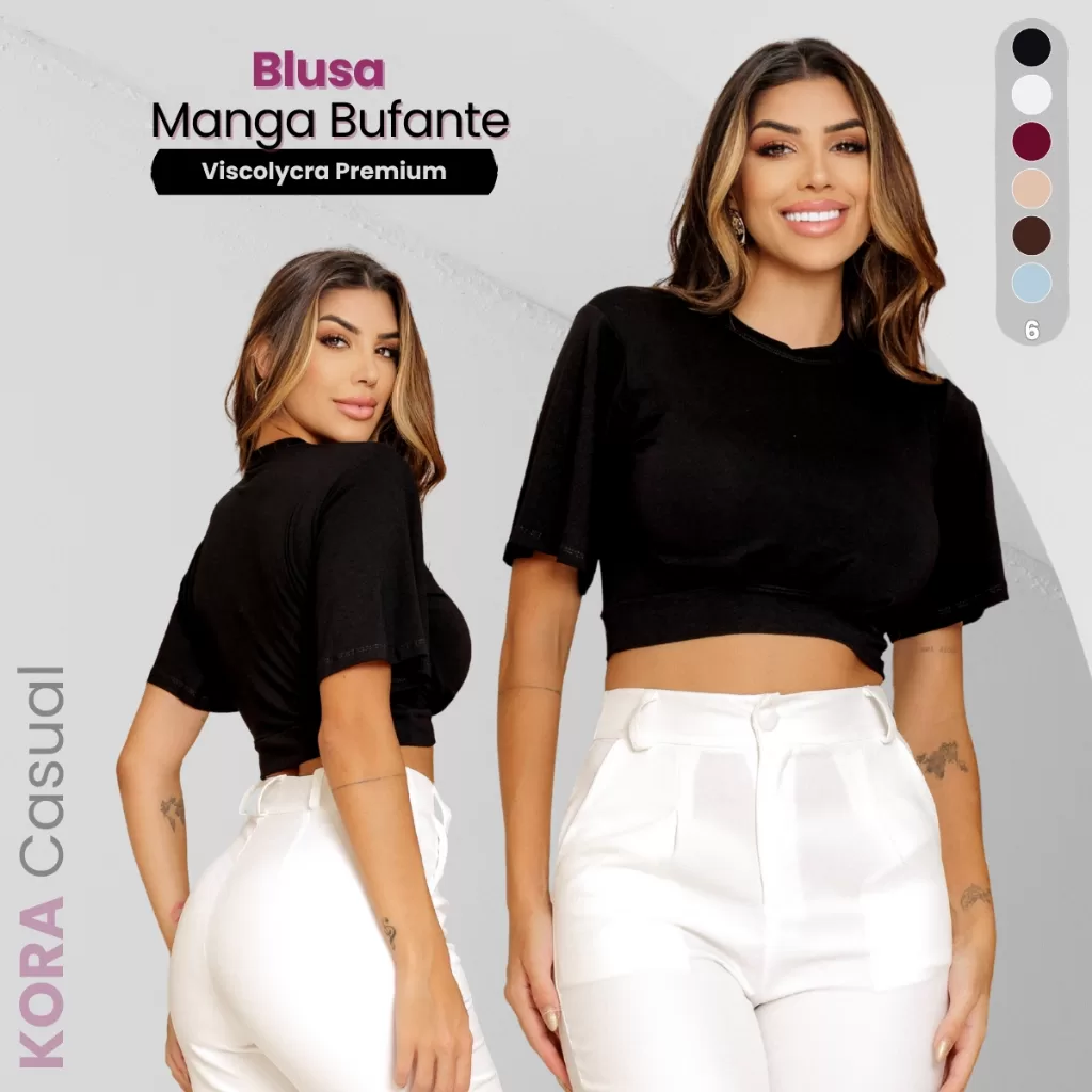Blusa Feminina Cropped Manga Curta Bufante Viscolycra Premium M ao GG