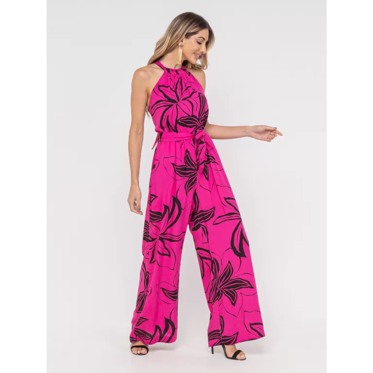 Macacao Pantalona Estampado Feminino Gola Alta Com