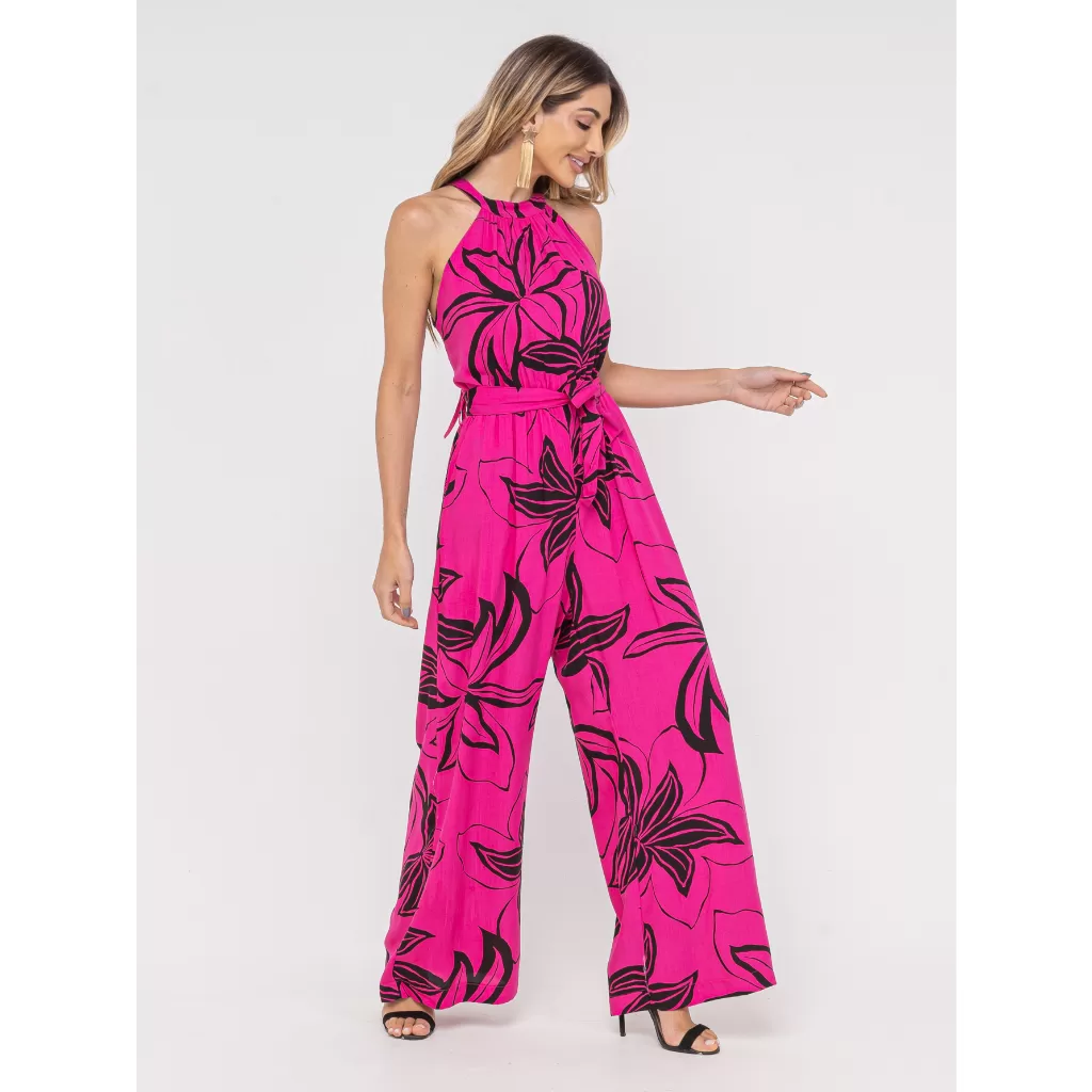 Macacao Pantalona Estampado Feminino Gola Alta Com Cinto X030