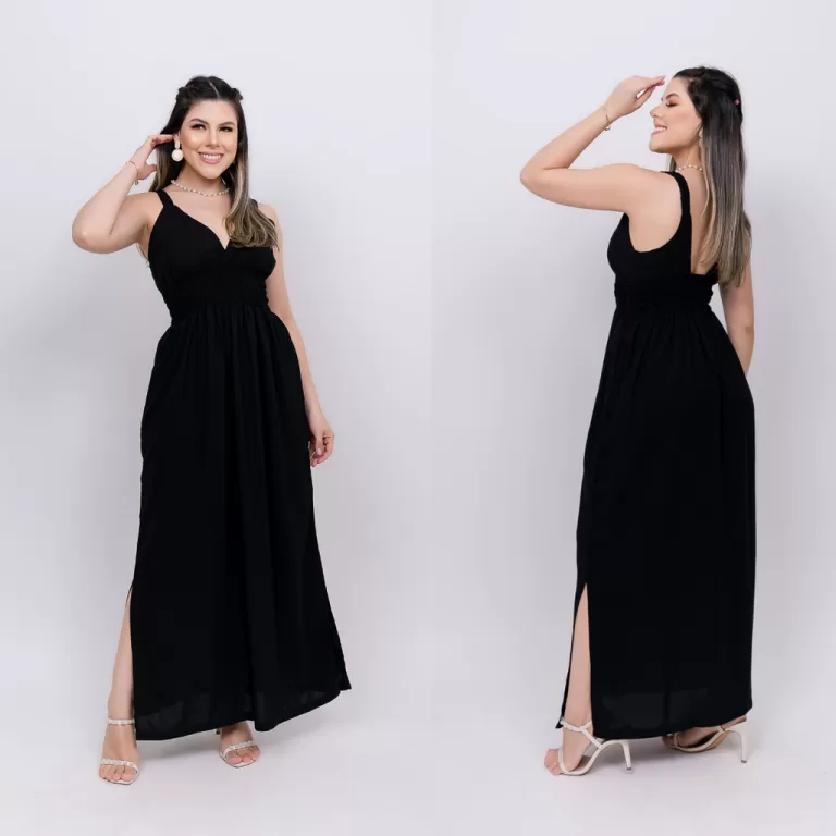 Vestido Longo Gestante em Viscolinho Decote e Alç