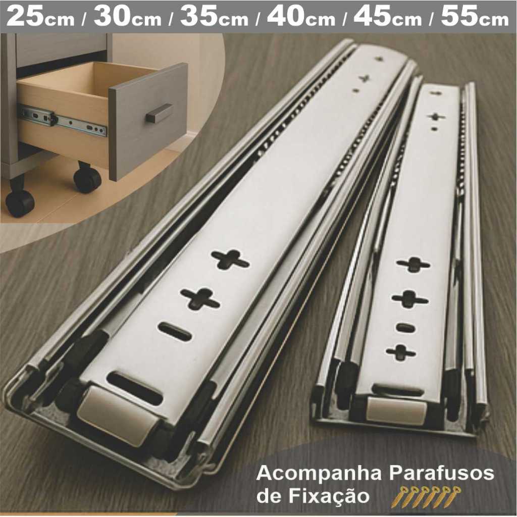 Kit 2 Corrediças de Gaveta Telescópica Light Com Parafusos Inclusos 25cm | 30cm | 35cm | 40cm | 45cm