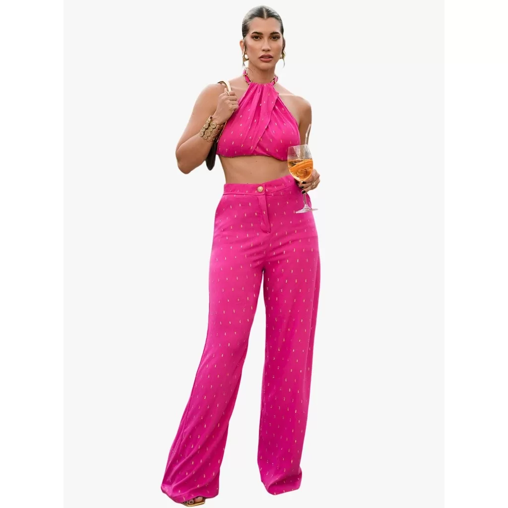 Conjunto Feminino Calça Pantalona Cropped Frente Única Amarração Luxo