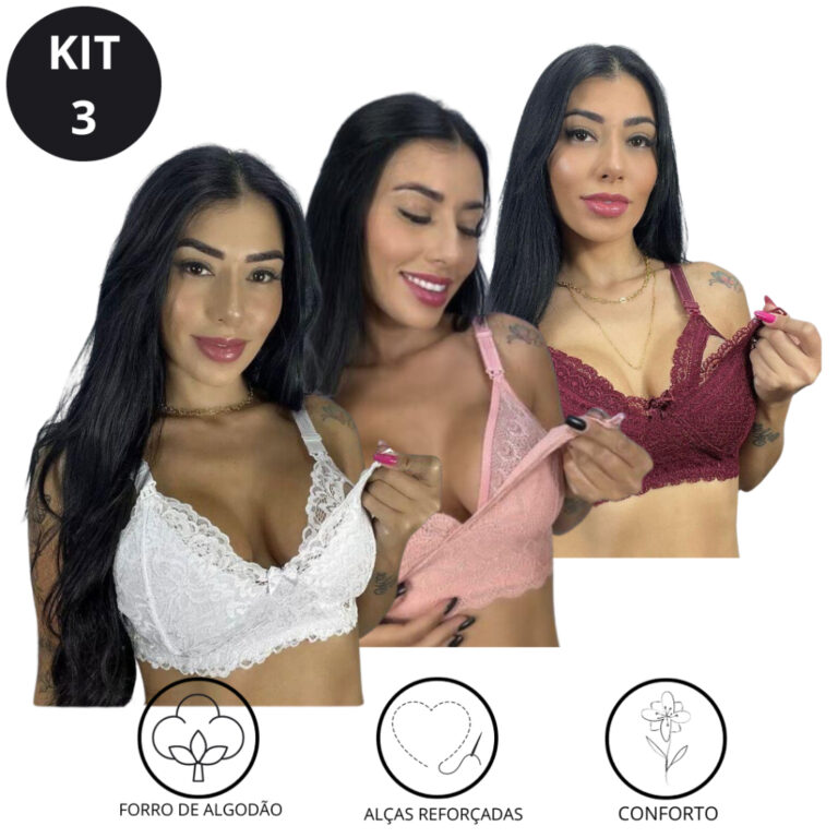 KIT C/ 3 Sutiã de Amamentação Reforçado em Ren