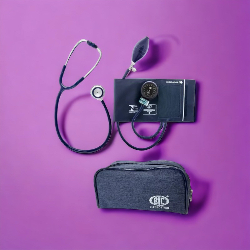 Conjunto Aparelho de Pressão Adulto Nylon + Estetoscópio Adulto Duplo  BIC DIAGNÓSTICO AZUL