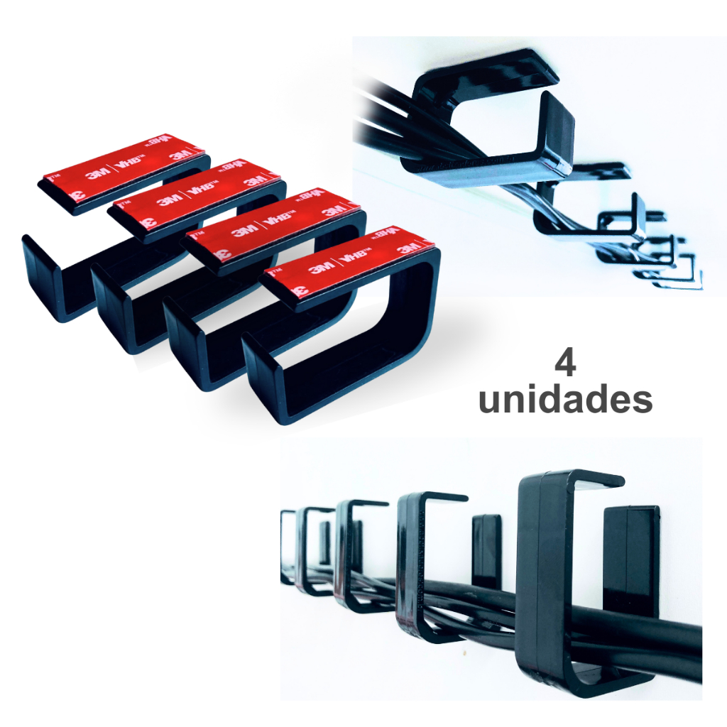 4 Organizadores de Fios e Cabos Baixo Mesa com Adesivo 3M Original