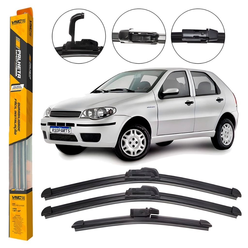 Kit 3 Palhetas Limpador De Parabrisa Dianteiro + Traseiro Fiat Palio G3 / G4 2004 2005 2006 ATÉ 2015