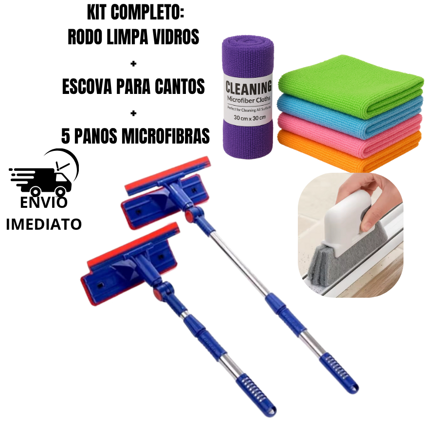 Rodo Mágico 2 em 1 Limpa Vidros e Janelas com Esponja para Canto Cabo Extensível kit completo 5 pano