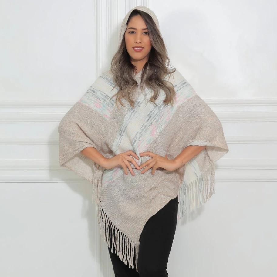 Xale Poncho Feminino Com Touca Tricô Crochê Cashmere  Elegante Quentinho Moda Inverno Cores Mesclado