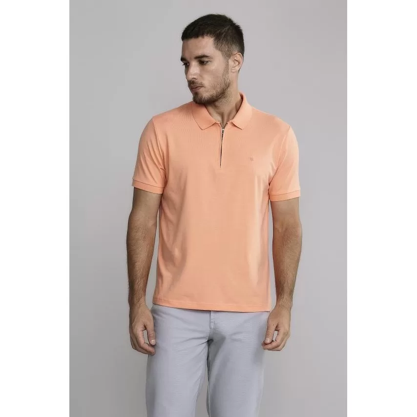 Polo Manga Curta com Zíper Comfort Básica – Rosa Salmão