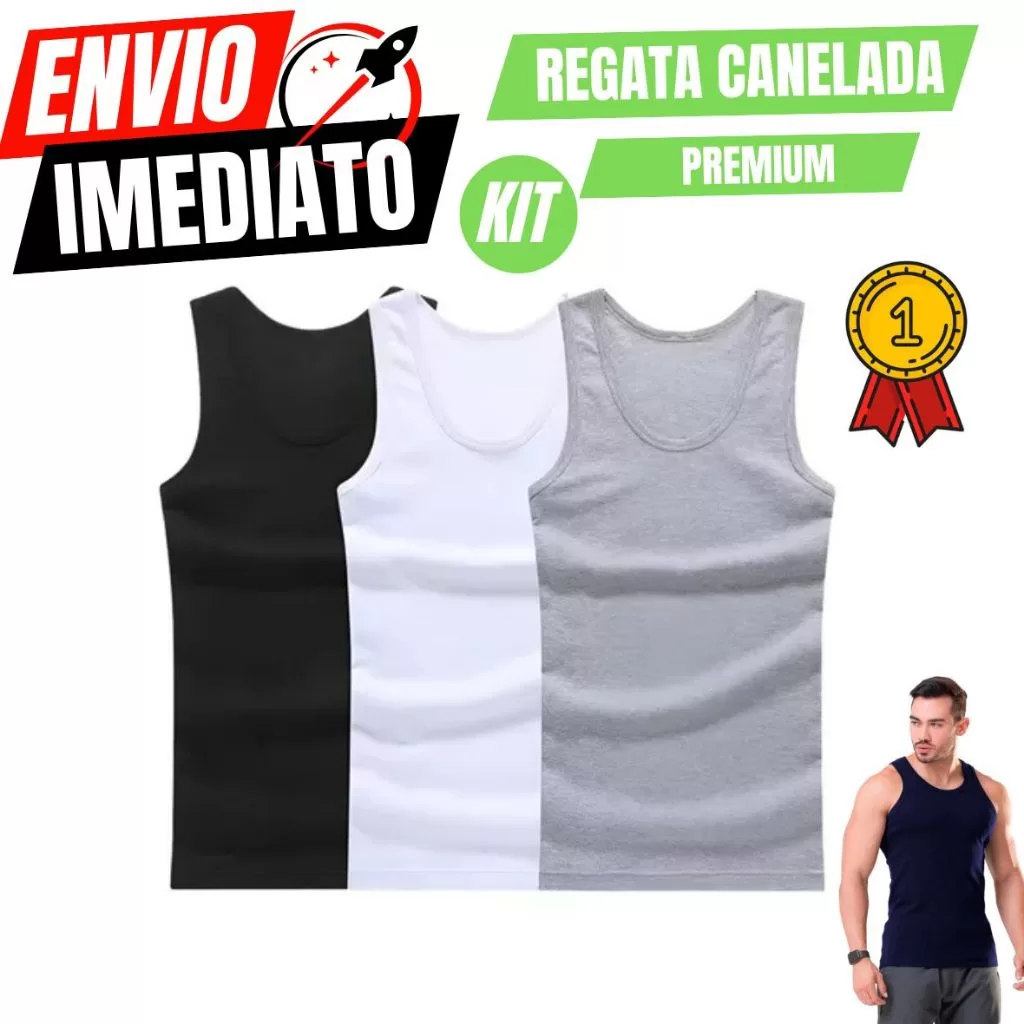 Kit com 3 Regata Premium Masculina Modelo Americano Canelada Algodão e Elastano