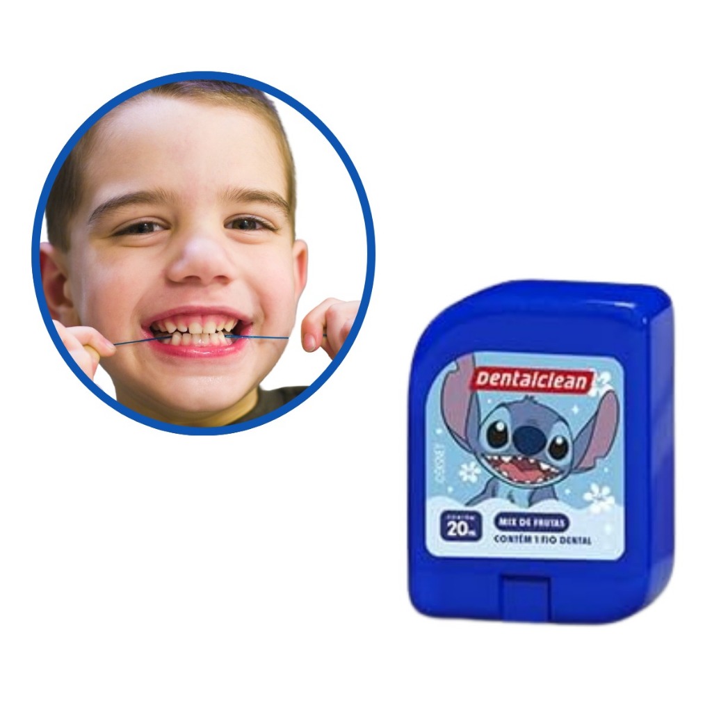 Fio Dental Infantil Stitch Sabor Mix de Frutas 20m Prevenção de Caries Estimulo Saúde Bucal