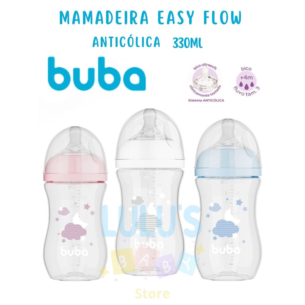 Mamadeira BUBA Easy Flow Anti-cólica 4+ 330ML  ROSA / AZUL / BRANCO, NUVEM, Bebe, Bico Fluxo Medio 3