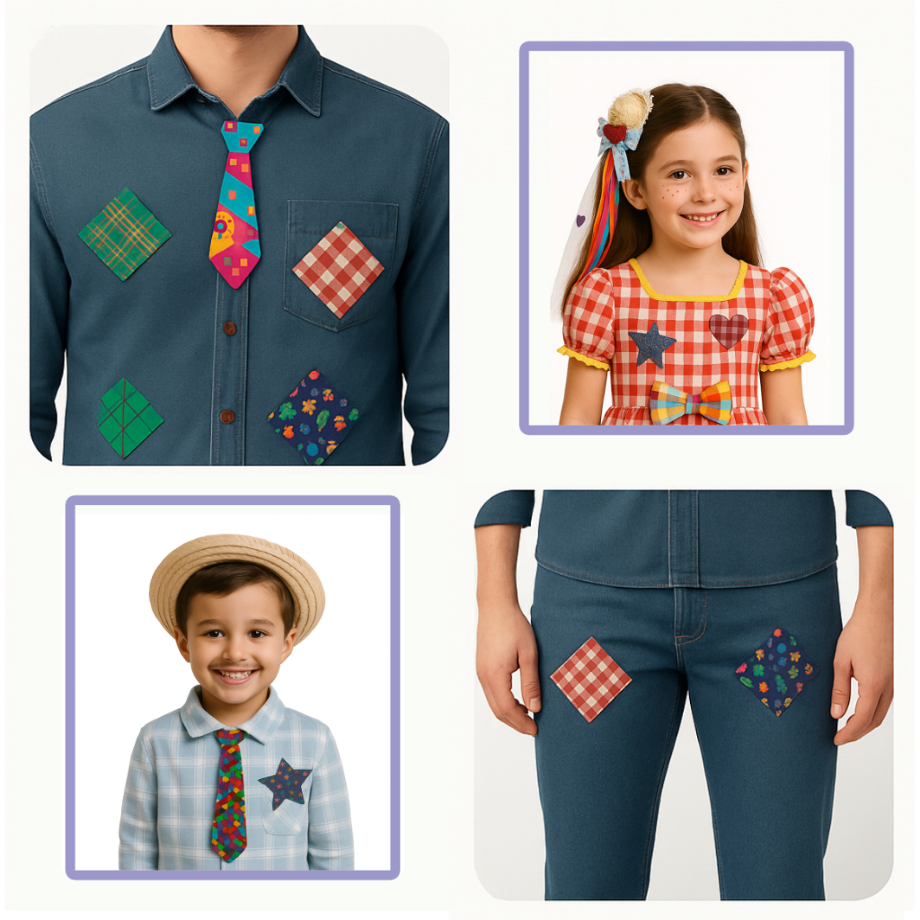 Kit Fantasia Caipira Retalho Adesivo Remendo Adesivo Gravata Presilha Véu