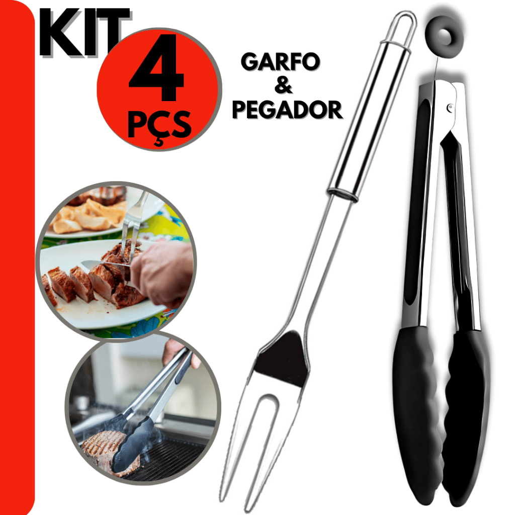 Kit 4 pçs Garfo Trinchante e Pegador de Silicone  Para Churrasco  e Saladas 100% Inox, Açougue, Cozi