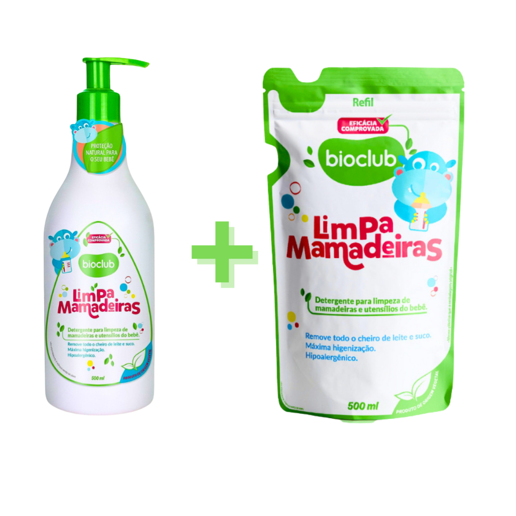 Kit Limpa Mamadeiras Hipoalergênico Combo Frasco 500ml e Refil 500ml Sabão Lava Louça Vegano Bioclub