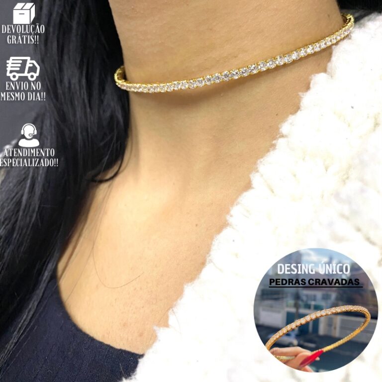 Colar Feminino De Ouro Choker Riveira Colorida Bri