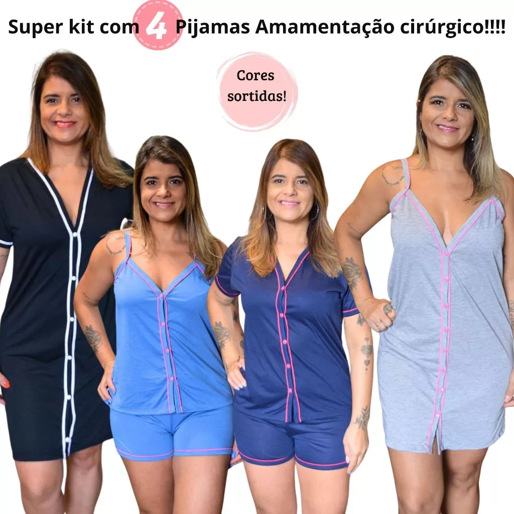 Super Kit com 4 Pijamas Feminino Amamentação Cirurgico com Botões em malha cores sortidas