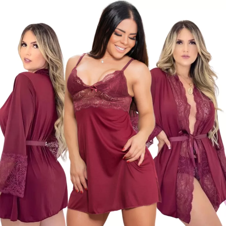 Kit de 1 camisola Sexy e 1 robe luxo de renda acom