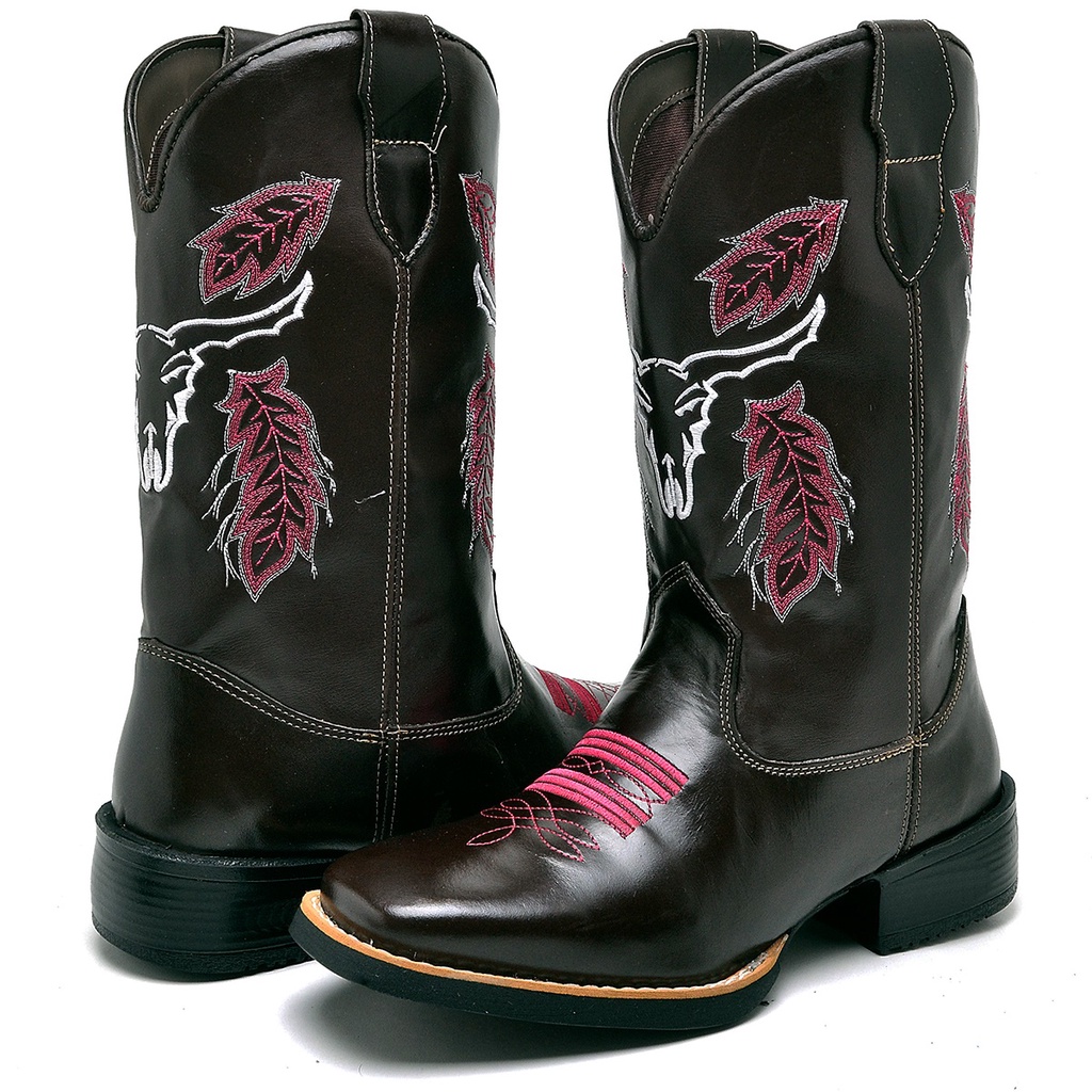 Botas Texana Feminina Café Com Bordado De Touro Rosa Promoção Black Friday