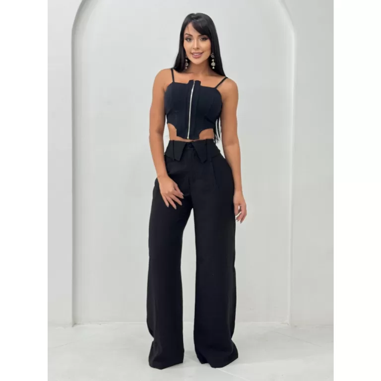 Conjunto Cropped Corselet C/ Ziper E Calça Alfaia
