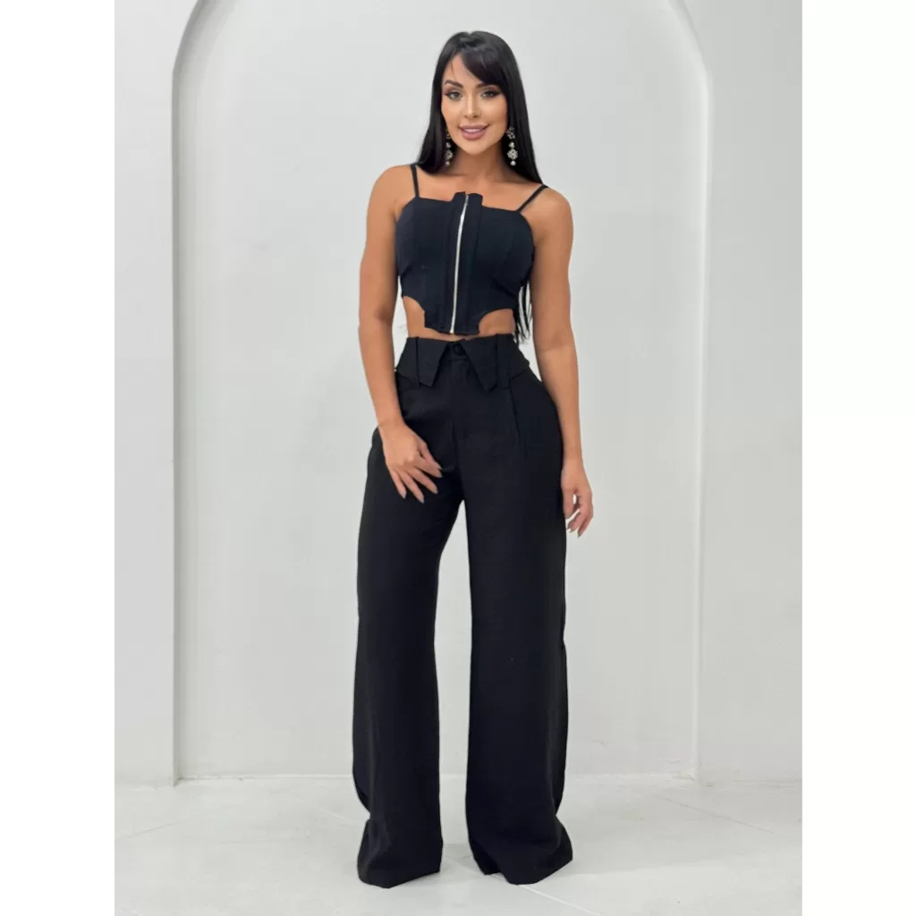 Conjunto Cropped Corselet C/ Ziper E Calça Alfaiataria 9571