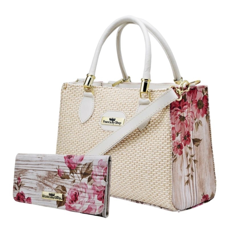 Bolsa Feminina Palha Floral e Carteira Tote Lateral Transversal de Mão Luxo Lançamento