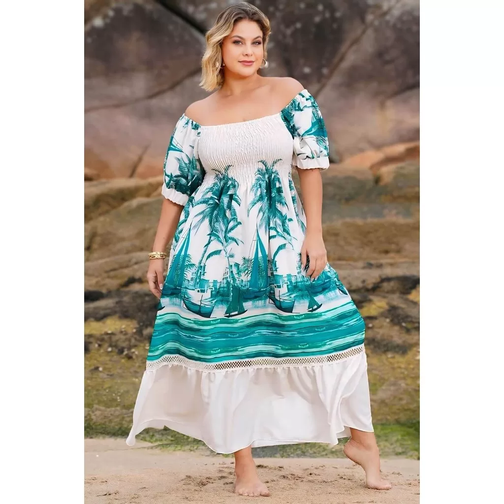 Vestido Verde Plus Size Longo Estampado
