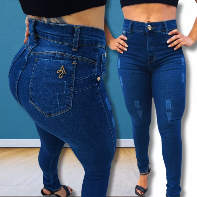 Calça Feminina Skinny Puido Azul AJElastano Cintu