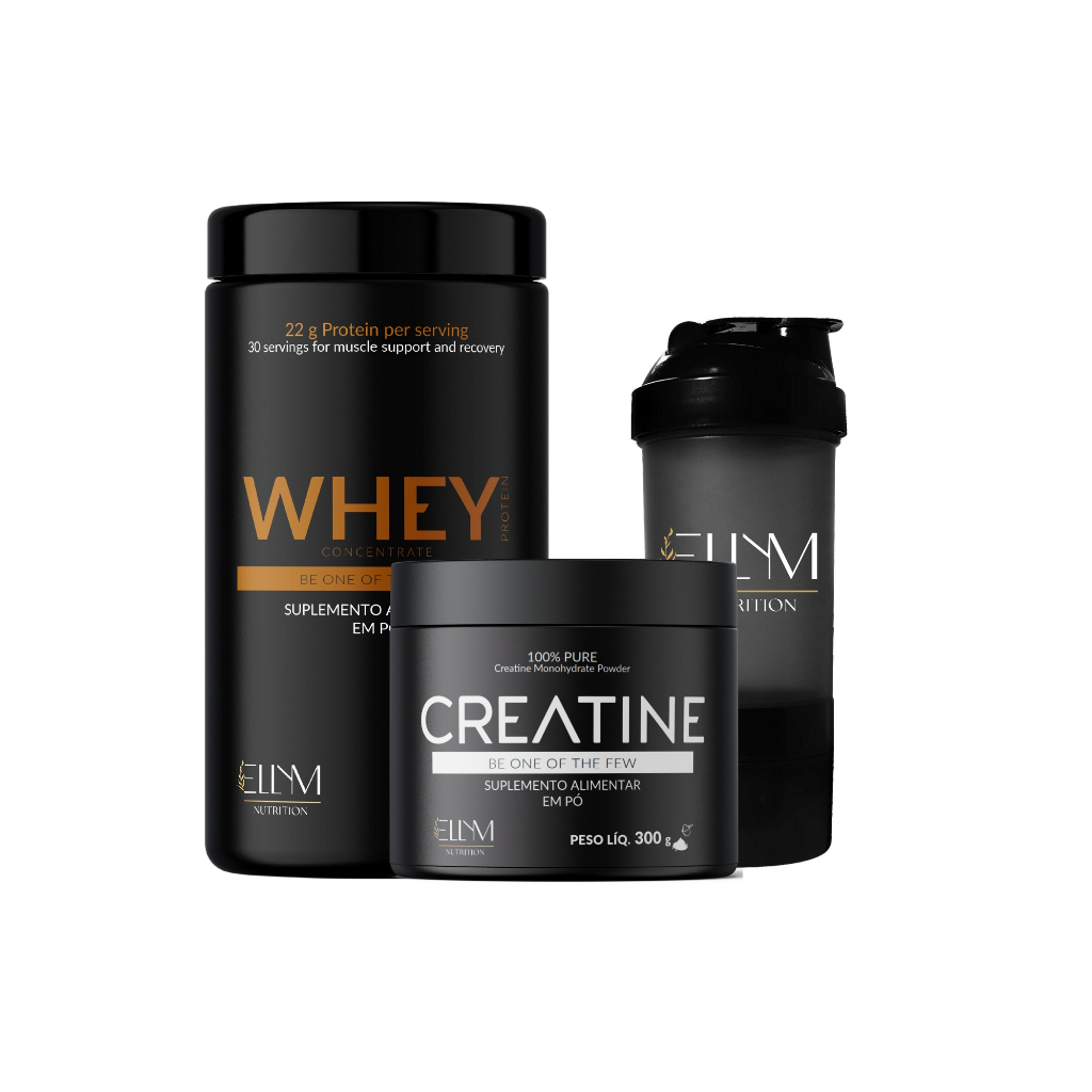 Kit Suplemento Ellym Nutrition Whey Protein 900g + Creatina 300g + Coqueteleira 500ml Combo Academia