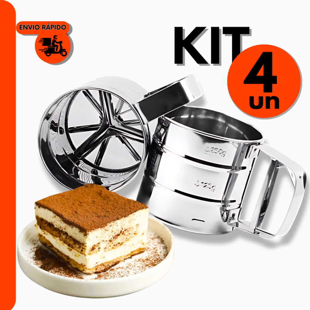 Kit 4 Peneira Polvilhador com Gatilho Inox do Chef Confeiteiro Para Doces Pães e Bolos Para Padaria