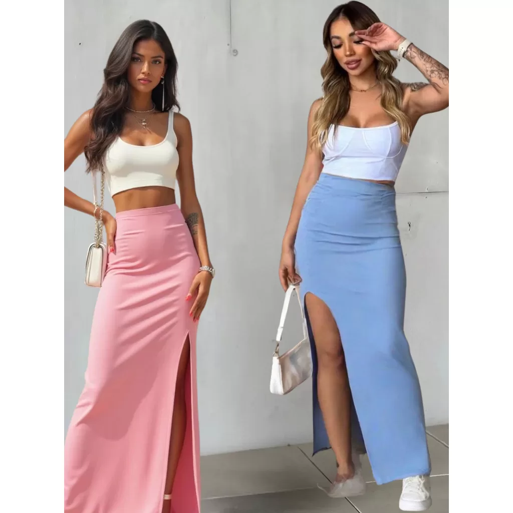 Saias Longa Fenda Feminina Suplex Verão Longuete KIT C/2 Unidades